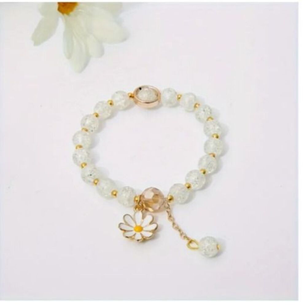 White Dangle DAISY Clear Round Beads Adjustable Gold Bracelet - Picture 3 of 3